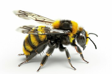 A yellow and black bee is standing on a white background - obrazy, fototapety, plakaty