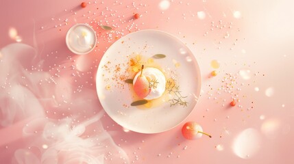  White plate, cake, tea, candle on pink background - obrazy, fototapety, plakaty
