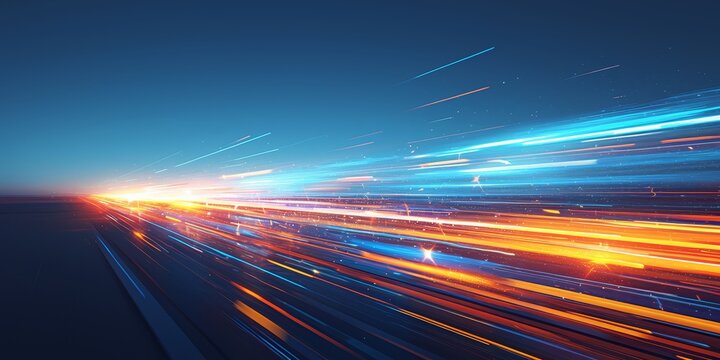 A blurred background of colorful light trails on dark background, symbolizing speed and motion in technology or digital marketing