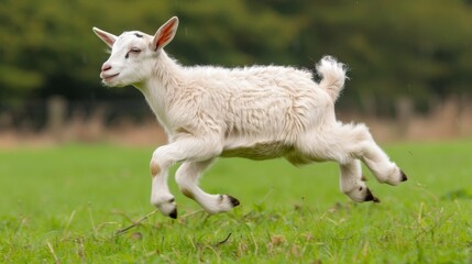 Obraz premium A blurry background of trees and bushes is visible as a baby goat runs in a green field