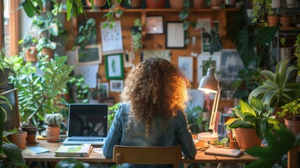 Creative Workspace with Vibrant Indoor Plants and Curly-haired Woman Working on Laptop.