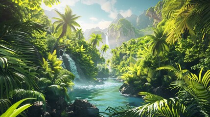 Explore breathtaking landscapes with our 3D illustration of a verdant island. Escape the ordinary and embark on an extraordinary off-road adventure amidst lush greenery. - obrazy, fototapety, plakaty