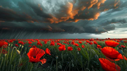 Foto op Plexiglas A vibrant 3D poppy field under a stormy sky, , symbolizing resilience and the calm before the storm. 32k, full ultra hd, high resolution © Apna's