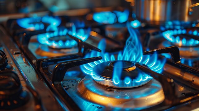 Domestic gas stovetop burns with blue flames, symbolizing the use of propane gas in cooking. This image represents the reliance on industrial resources and their impact on economy.