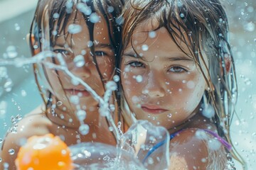 Two young girls are playing in the water, one of them holding an orange object