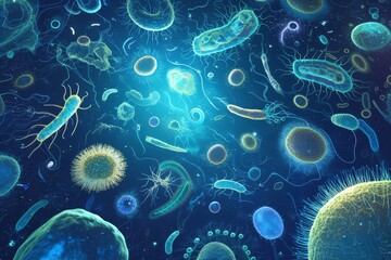 different types and colors of bacteria, with some glowing under the microscope light, set against an abstract background