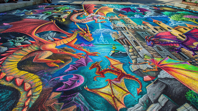 A vibrant array of chalk art covering an entire sidewalk, s, suggesting a lively afternoon of creative play without showing the young artists themselves. 32k, full ultra hd, high resolution