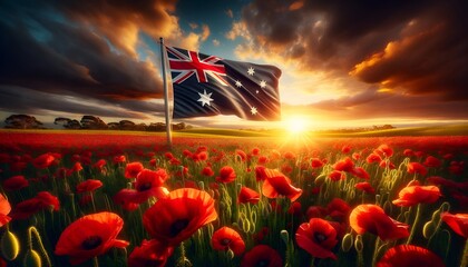 Realistic illustration for anzac day with the scene of a australian flag and field of red poppies.
