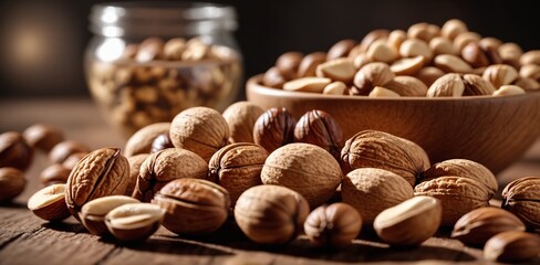 Walnuts and hazelnuts in a bowl on a wooden table