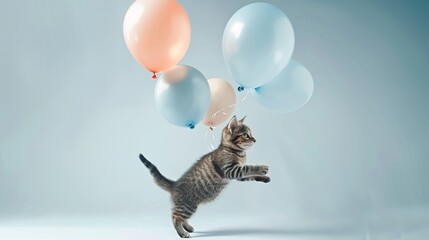 cat flying with balloons