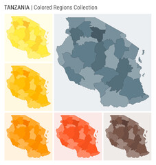 Tanzania map collection. Country shape with colored regions. Blue Grey, Yellow, Amber, Orange, Deep Orange, Brown color palettes. Border of Tanzania with provinces for your infographic.