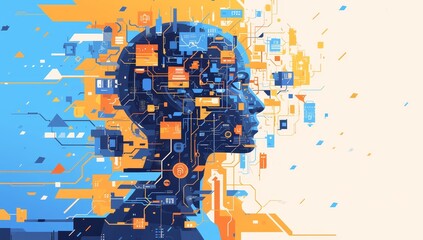 artificial intelligence in an orange and blue color palette on a white background, in the style of digital tech. The illustration mixes computer chip circuitry with a human head profile