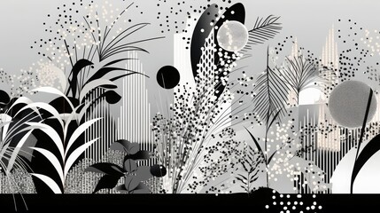 Graphic illustration featuring delicate plants and decorative elements, in palest green, black and white