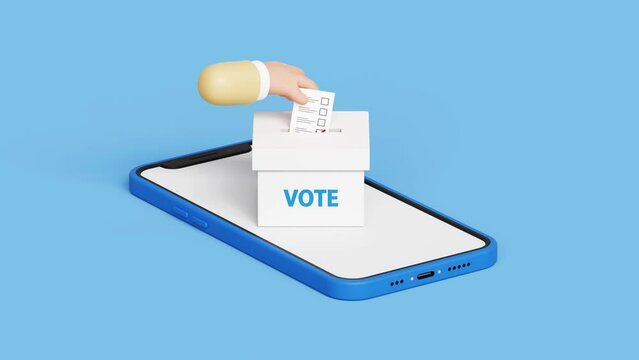 Online voting concept. Modern electronic voting system for election. E-voting or elections. Diverse 3d hands putting voting paper in the ballot box on a smartphone. 4k 3d loop animation