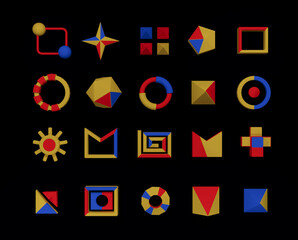 set of 3 d geometric shapes memphis vector, red blue yellow theme on black background