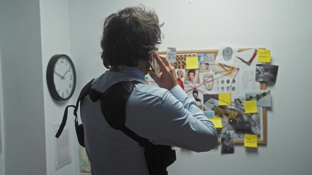 A man on the phone analyzes a crime investigation board with notes, photos, and evidence in an office.