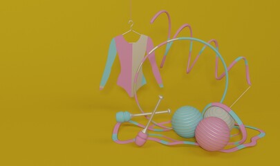 rhythmic gymnastics sports equipment 3D render cartoons, pink and blue on a yellow background