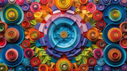 Vibrant Multicolored Quilling Artwork: Mesmerizing Kaleidoscope of Geometric Shapes.