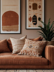 World of Boho elegance with a sofa adorned with terra cotta and beige pillows in this modern living room.