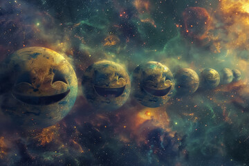 Conceptual digital artwork of planetary evolution with a series of increasingly complex terrains on spheres