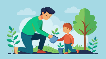 father and son planting a tree vector illustration