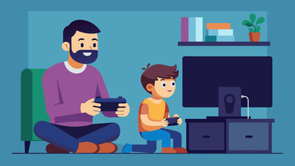  father and son playing video games vector illustration