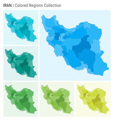 Iran map collection. Country shape with colored regions. Light Blue, Cyan, Teal, Green, Light Green, Lime color palettes. Border of Iran with provinces for your infographic. Vector illustration.