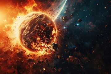 Fototapeta premium Apocalyptic Earth Explosion. Planet Shattering in Half due to Meteor Strike and Outer Space Explosions, Armageddon Astrology