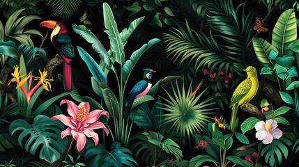 a colorful tropical plants and birds - obrazy, fototapety, plakaty