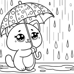 Chat style kawaïï dessin au trait, isolé, idéal pour conception page de livre de coloriage pour enfant ou adulte. Chaton sous la pluie avec son parapluie  - obrazy, fototapety, plakaty