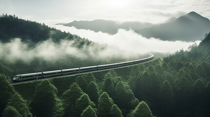 Morning mist envelops the train, weaving it into the landscape. Passengers peer out, captivated by...