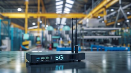 Industrial factory showcasing 5G connection technology for high-speed wifi internet, enhancing manufacturing efficiency and automation process management for smart factories. - obrazy, fototapety, plakaty