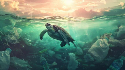 Fotobehang A turtle swims amid plastic pollution in ocean waters. © HelenP