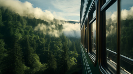 Fototapeta premium morning in the forest, Morning mist envelops the train, weaving it into the landscape. Passengers peer out, captivated by the journey through rolling hills and serene forests.