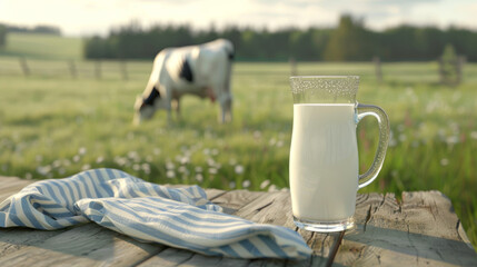 A pitcher and a glass of milk on a wooden table with a cow in the background during sunrise. - obrazy, fototapety, plakaty