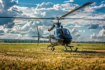 Black Helicopter Flying Over Airfield in Summer. Aerospace Industry and Air Show Concept with Powerful Engine and Pristine Sky - obrazy, fototapety, plakaty