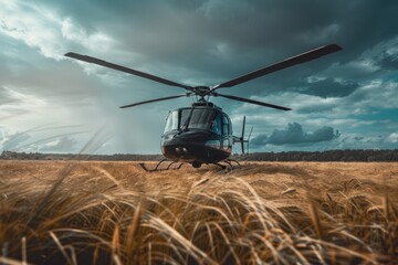Black Helicopter Flying over Summer Field in Aerospace Industry. Air Show Engine on Airfield with Sky and Grass - obrazy, fototapety, plakaty