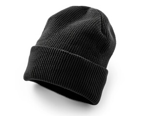 Blank Black Beanie Cap for Winter Clothing and Fashion. Isolated Wool Hat for Winter Style