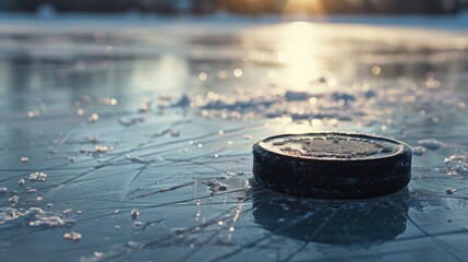 Black Hockey Puck on Icy Rink. Sporting and Winter Concept for Hockey Enthusiasts