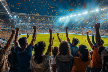 Stadium crowd celebrates soccer victory at night. Generative AI