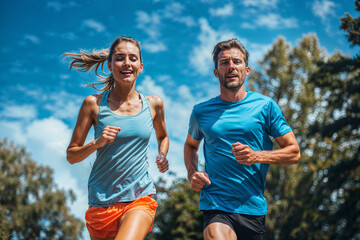 Couple jogging together on a sunny day. Generative AI