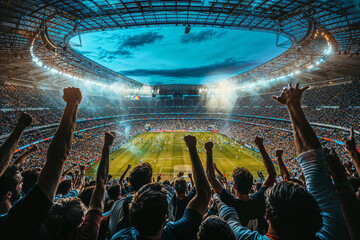 Stadium crowd celebrates soccer victory at night. Generative AI