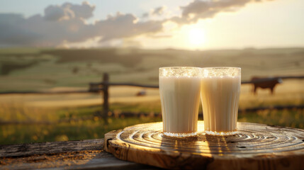 A serene scene with two full glasses of milk on a rustic wooden table against a sunrise over a pastoral field with cows.