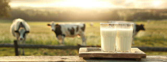 A serene scene with two full glasses of milk on a rustic wooden table against a sunrise over a pastoral field with cows. - obrazy, fototapety, plakaty