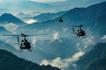 Blue Skies Patrol: Military Helicopters Flying over Mountainside for Aerial Surveillance and Air Support - obrazy, fototapety, plakaty