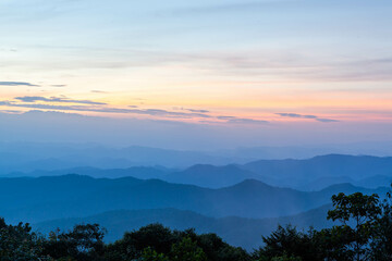 North Thailand mountain landscape. Sunset at Kew Fin viewpoint near Mae Kampong village.