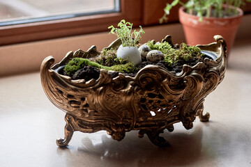 A massive bronze vase on legs with moss, greenery sprouted in an egg. A new life - 778404125