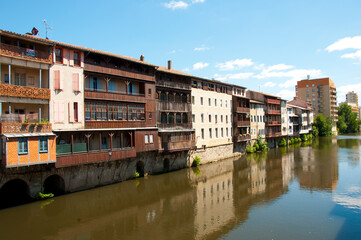Old coloured houses on the River Agout, Castres Languedoc Roussillon France