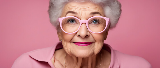 Fototapeta na wymiar Elderly woman with glasses on pink background
