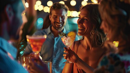 Friends enjoy vibrant cocktails at a lively gathering, creating a festive atmosphere. The shallow depth of field captures their moment of cheer.